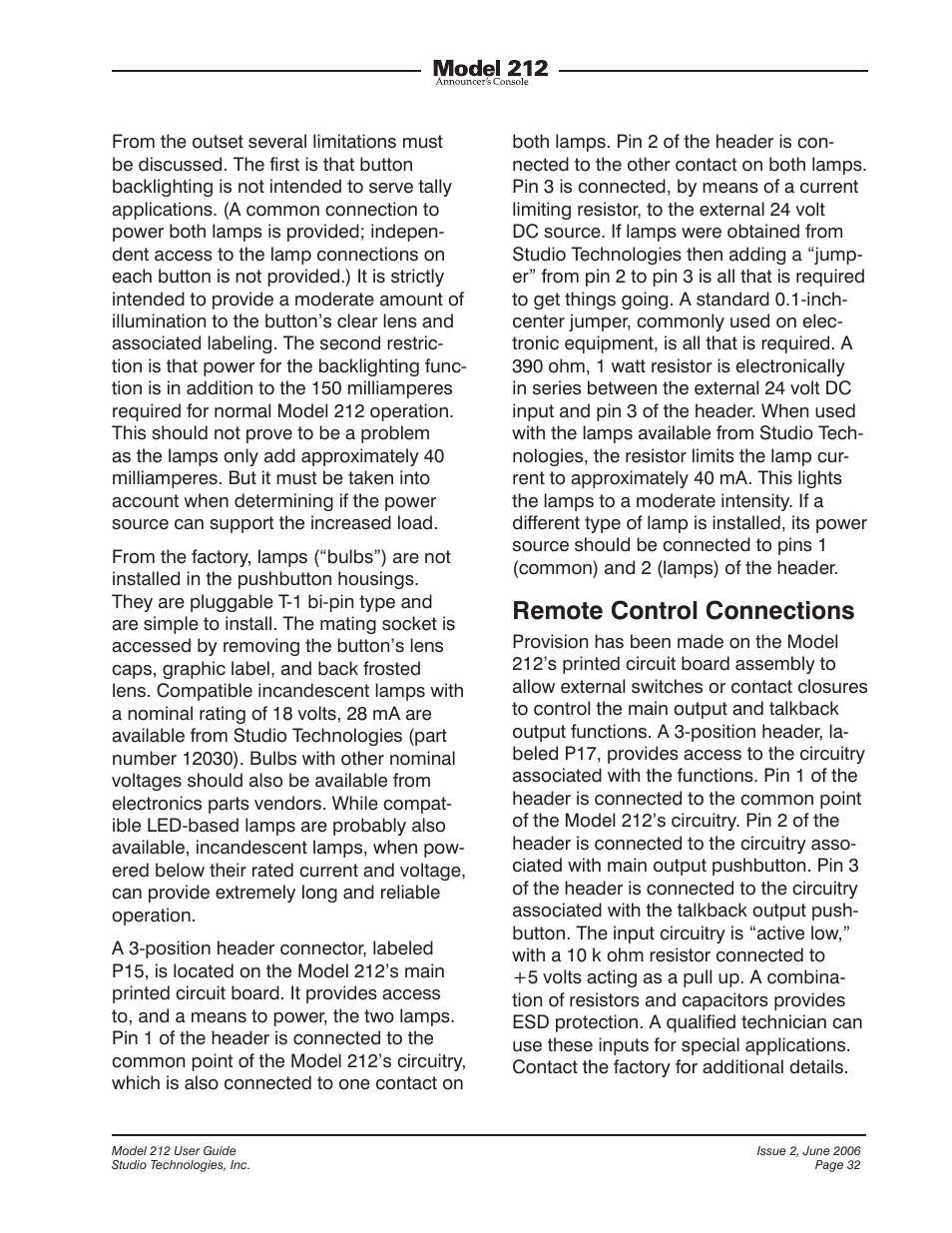 Remote control connections | Studio Technologies M212-00151 User Manual | Page 31 / 36