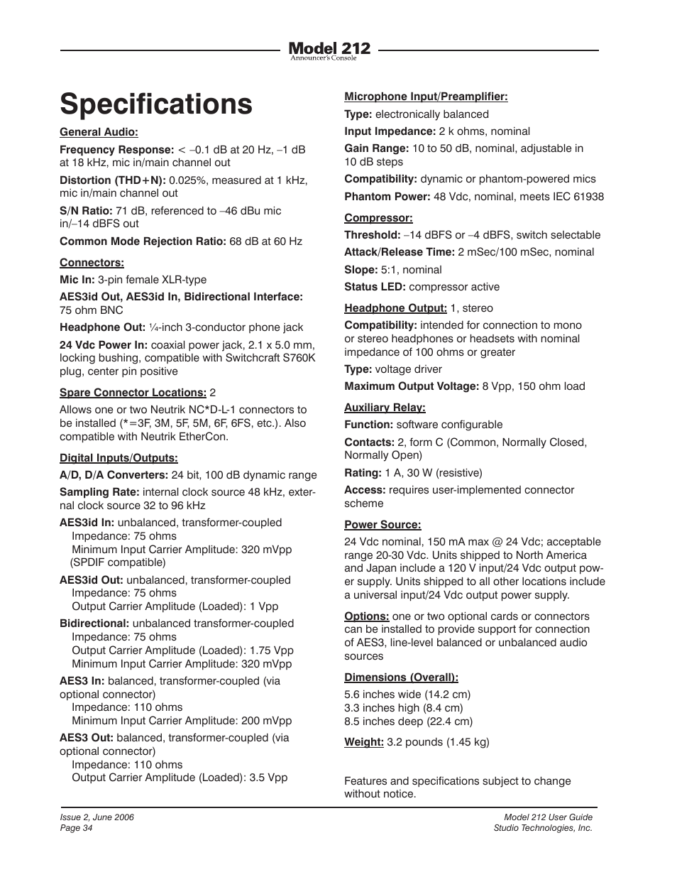 Specifications | Studio Technologies M212-00151 User Manual | Page 33 / 36