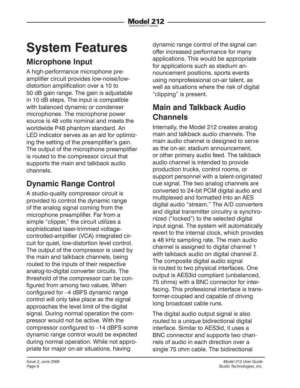 System features, Microphone input, Dynamic range control | Main and talkback audio channels | Studio Technologies M212-00151 User Manual | Page 5 / 36