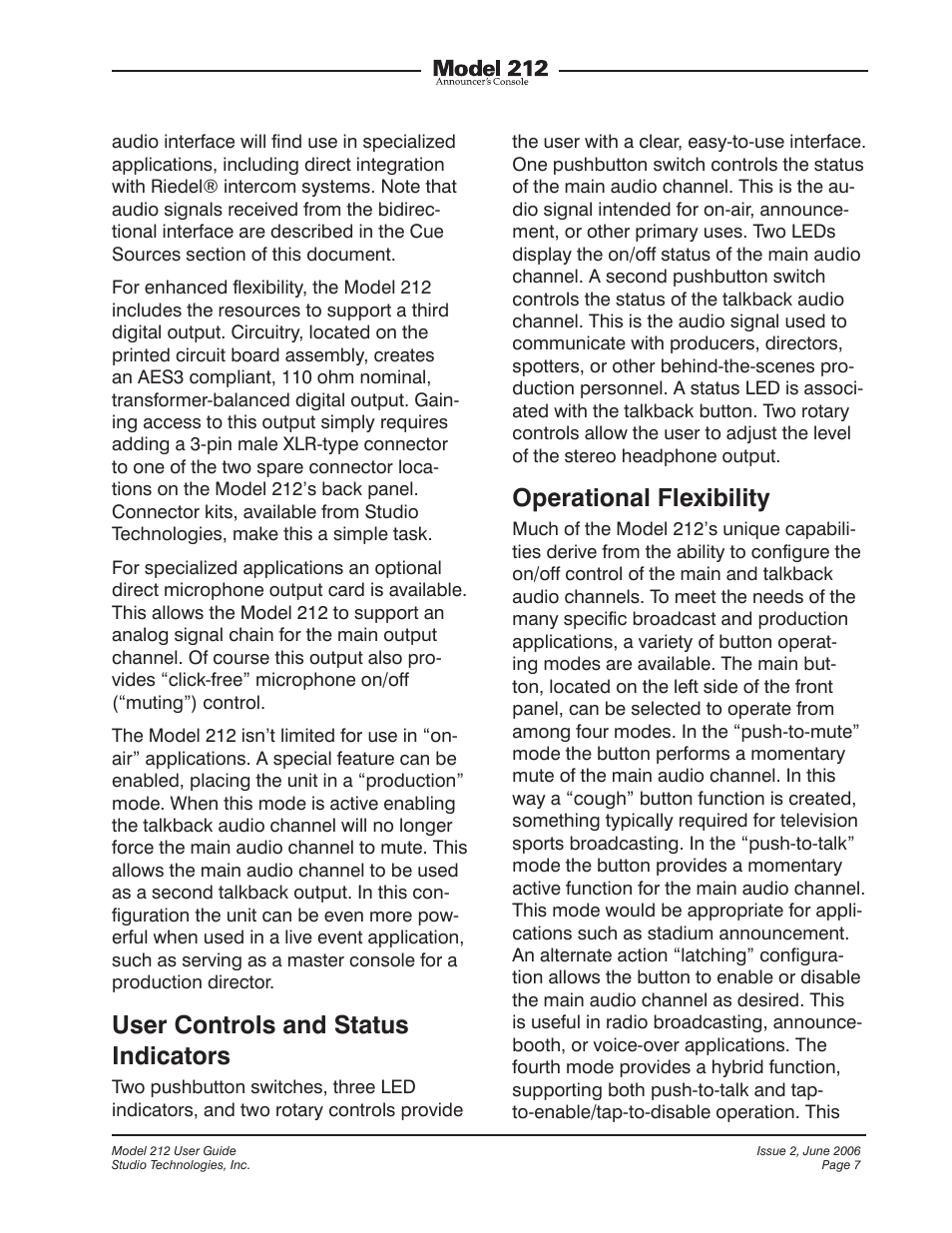 User controls and status indicators, Operational flexibility | Studio Technologies M212-00151 User Manual | Page 6 / 36