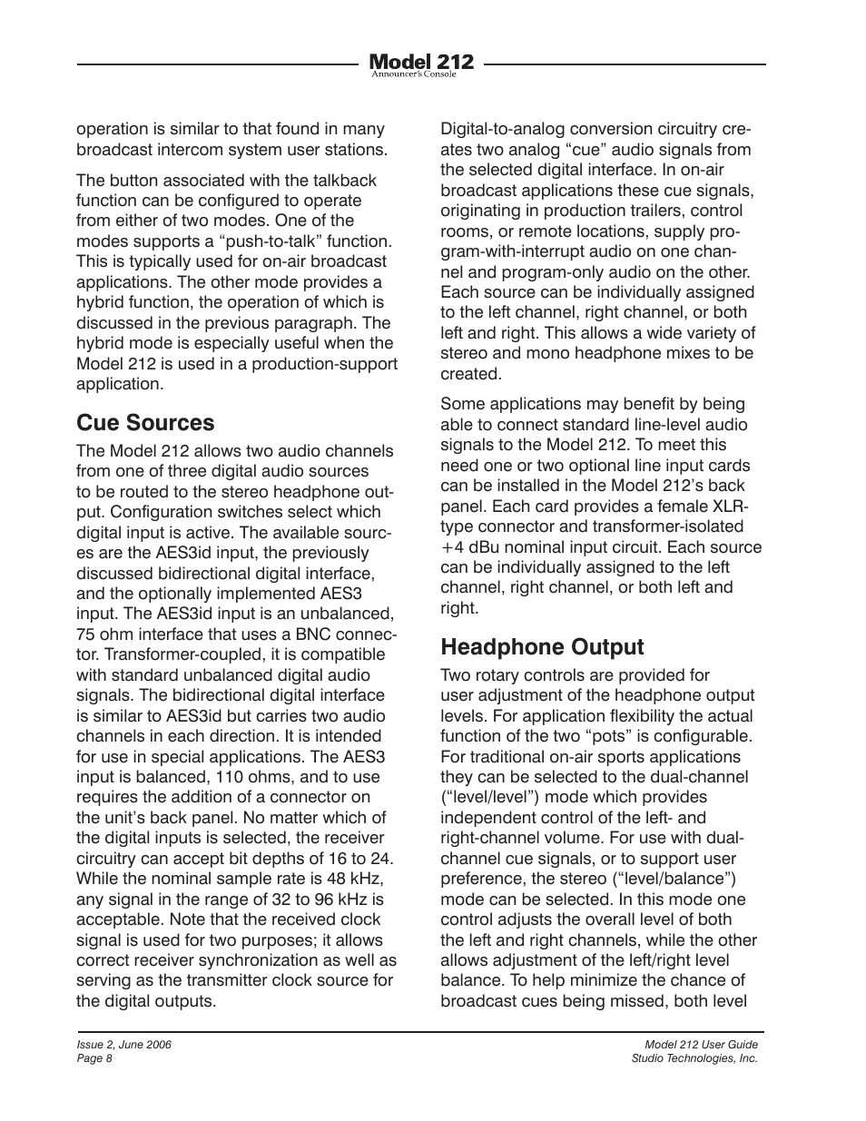 Cue sources, Headphone output | Studio Technologies M212-00151 User Manual | Page 7 / 36