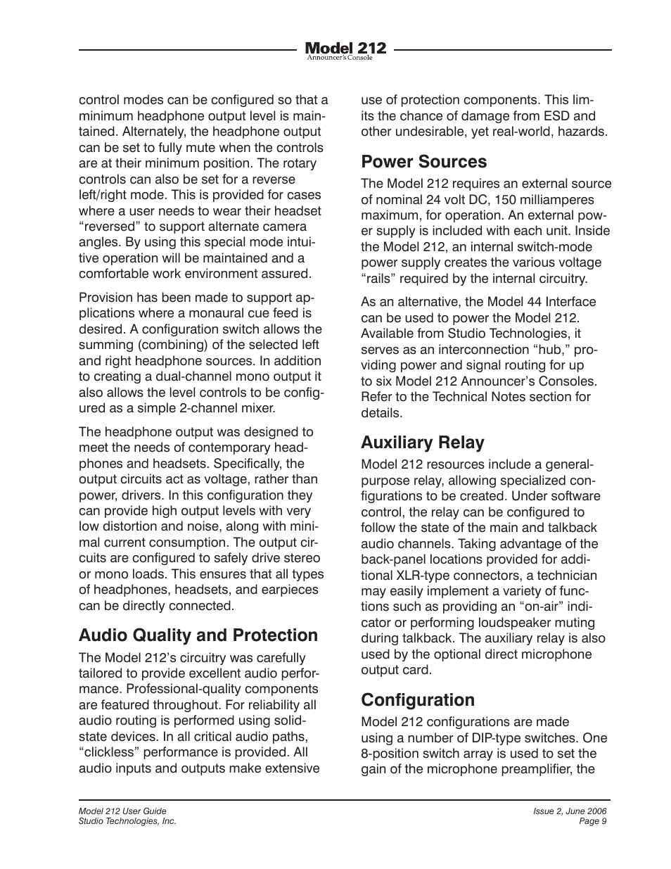 Audio quality and protection, Power sources, Auxiliary relay | Configuration | Studio Technologies M212-00151 User Manual | Page 8 / 36