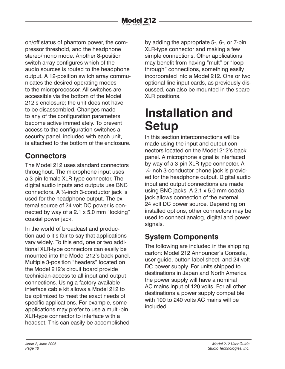 Installation and setup, Connectors, System components | Studio Technologies M212-00151 User Manual | Page 9 / 36