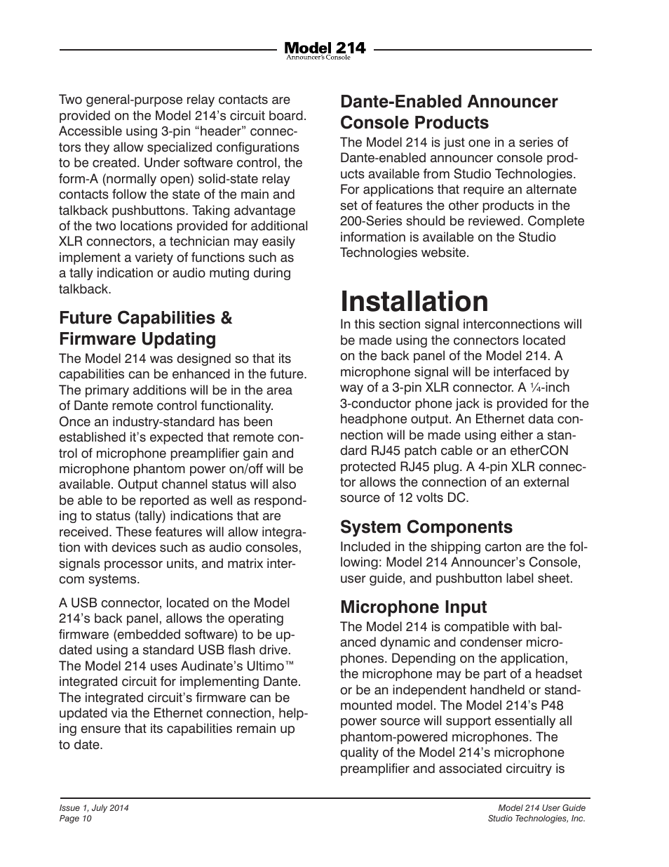 Installation, Future capabilities & firmware updating, Dante-enabled announcer console products | System components, Microphone input | Studio Technologies 214 User Manual | Page 10 / 33