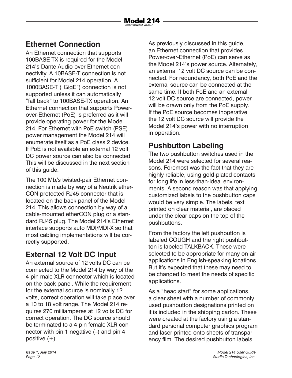 Ethernet connection, External 12 volt dc input, Pushbutton labeling | Studio Technologies 214 User Manual | Page 12 / 33
