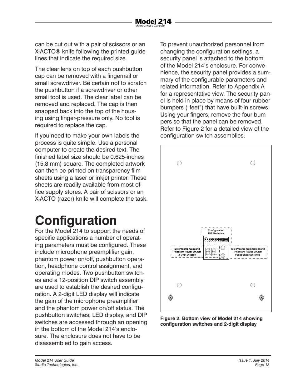 Configuration, Conﬁguration | Studio Technologies 214 User Manual | Page 13 / 33