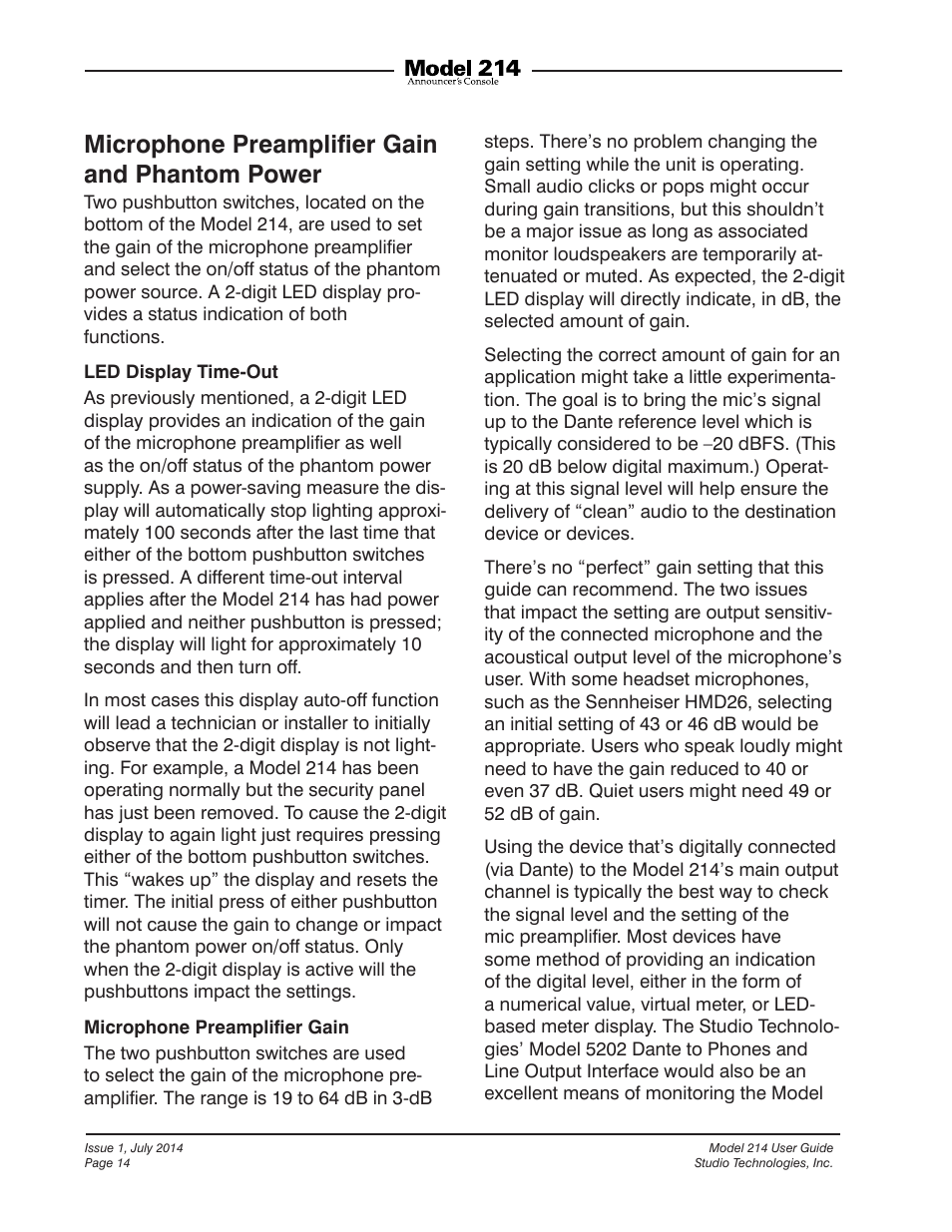 Microphone preampliﬁer gain and phantom power | Studio Technologies 214 User Manual | Page 14 / 33