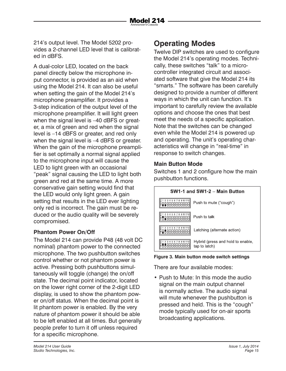 Operating modes | Studio Technologies 214 User Manual | Page 15 / 33