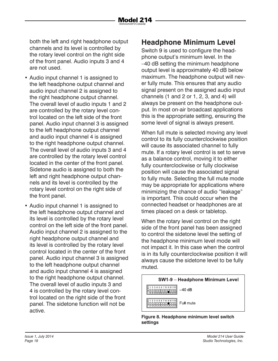 Headphone minimum level | Studio Technologies 214 User Manual | Page 18 / 33