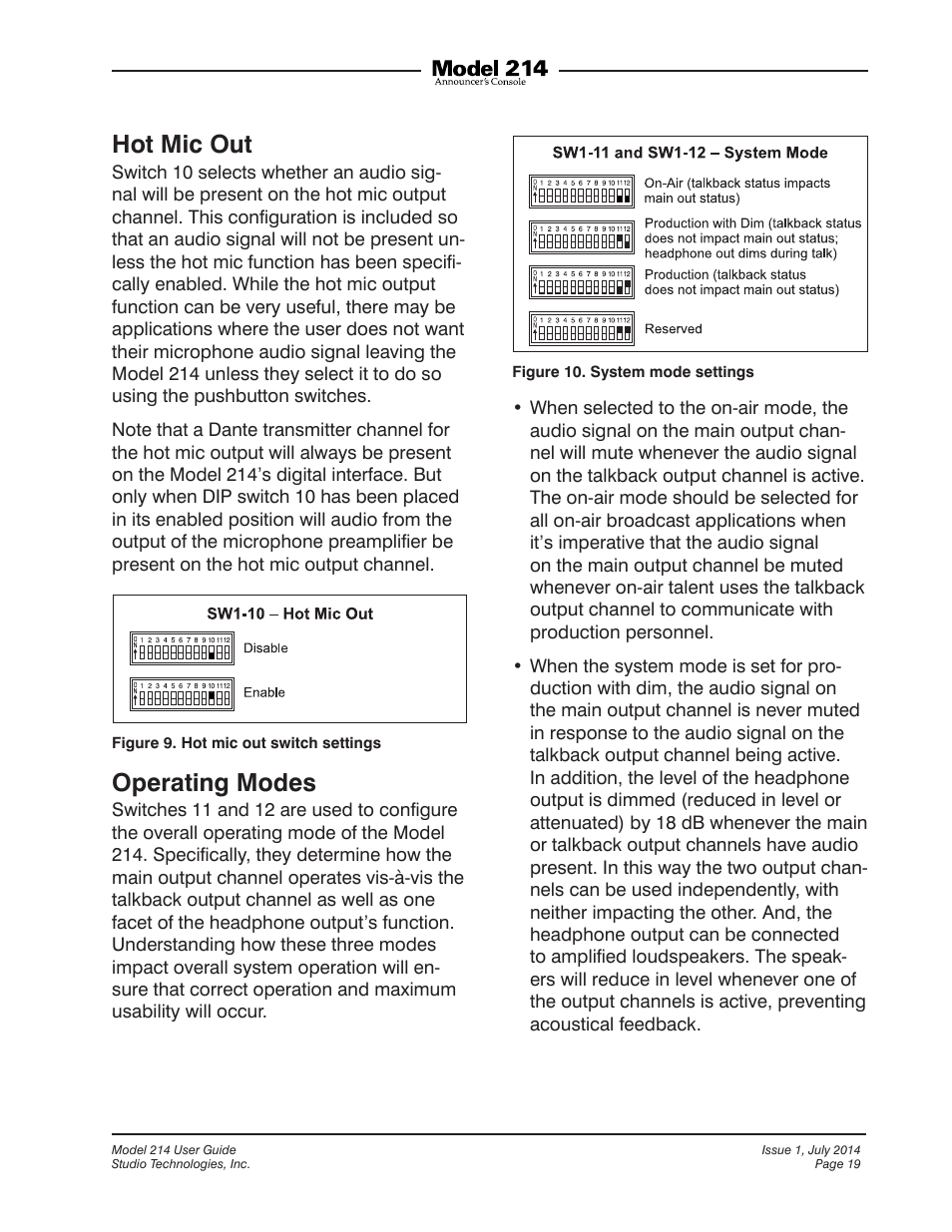 Hot mic out, Operating modes | Studio Technologies 214 User Manual | Page 19 / 33