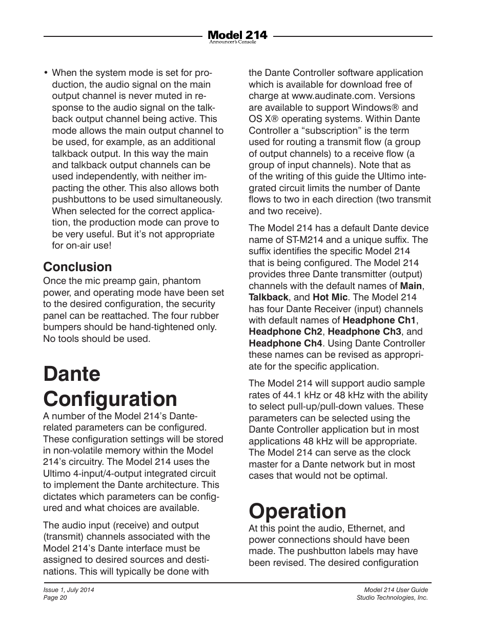 Dante configuration, Operation, Dante™ conﬁguration operation | Dante conﬁguration, Conclusion | Studio Technologies 214 User Manual | Page 20 / 33