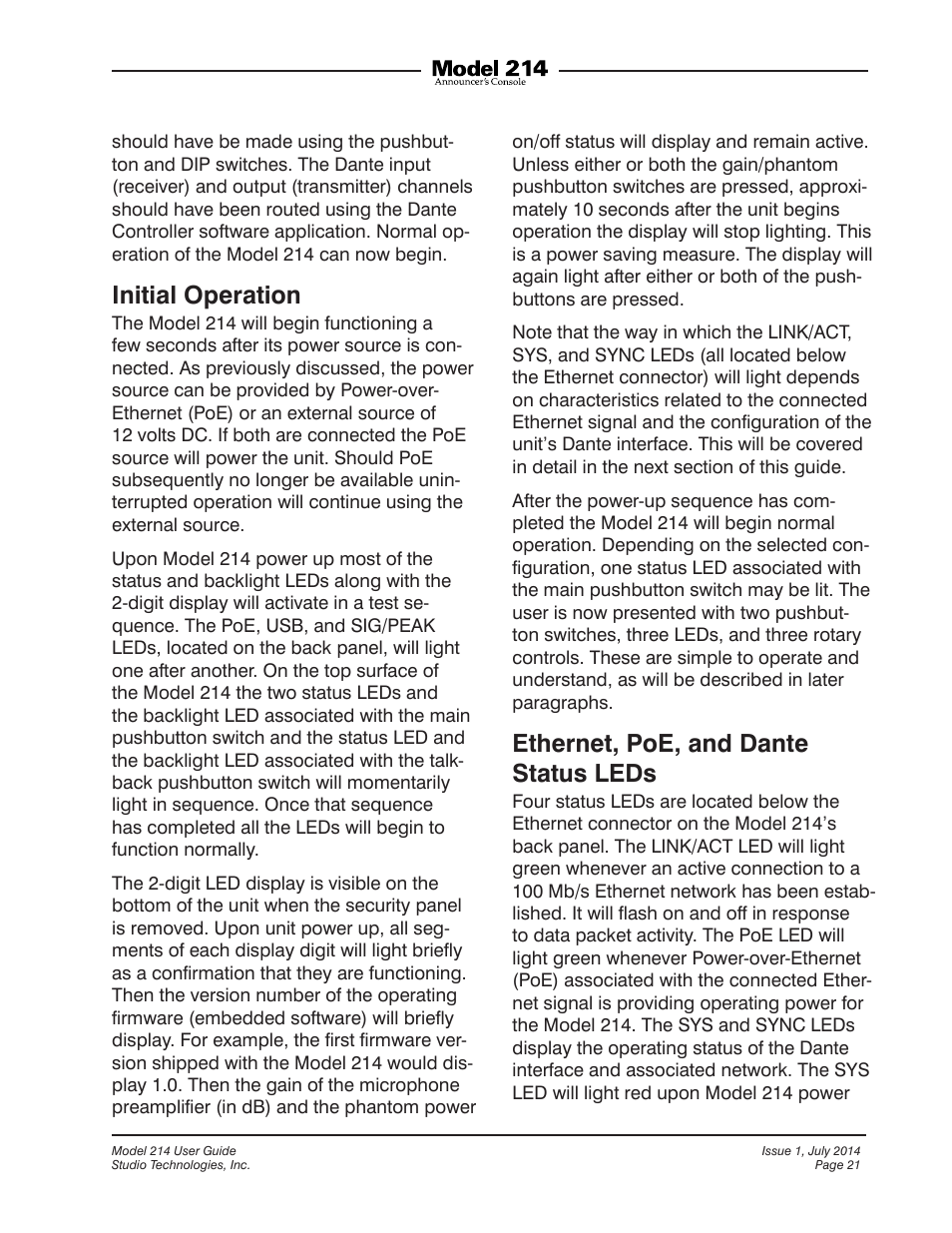 Initial operation, Ethernet, poe, and dante status leds | Studio Technologies 214 User Manual | Page 21 / 33