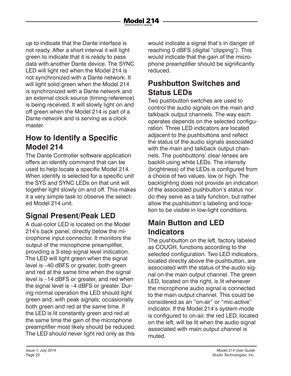 How to identify a speciﬁc model 214, Signal present/peak led, Pushbutton switches and status leds | Main button and led indicators | Studio Technologies 214 User Manual | Page 22 / 33