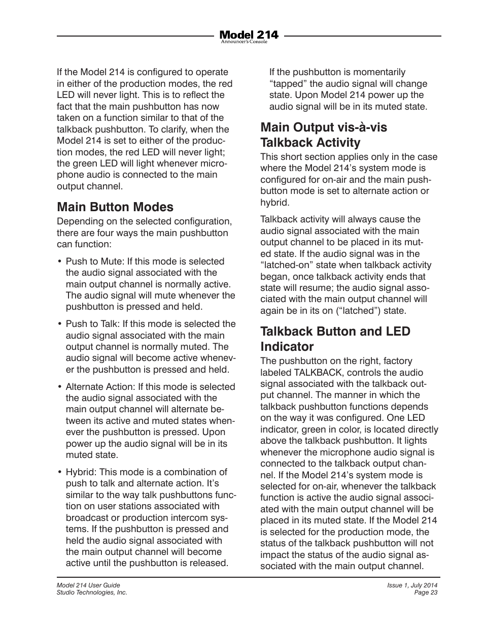 Main button modes, Main output vis-à-vis talkback activity, Talkback button and led indicator | Studio Technologies 214 User Manual | Page 23 / 33