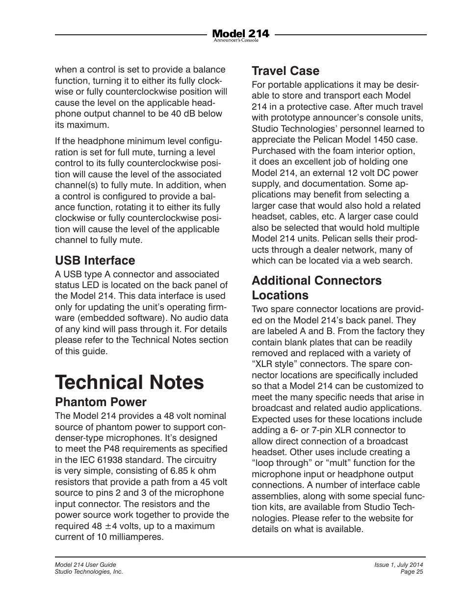 Technical notes, Usb interface, Phantom power | Travel case, Additional connectors locations | Studio Technologies 214 User Manual | Page 25 / 33