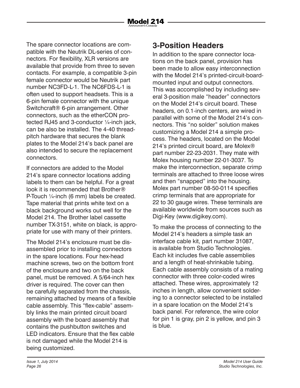 Position headers | Studio Technologies 214 User Manual | Page 26 / 33