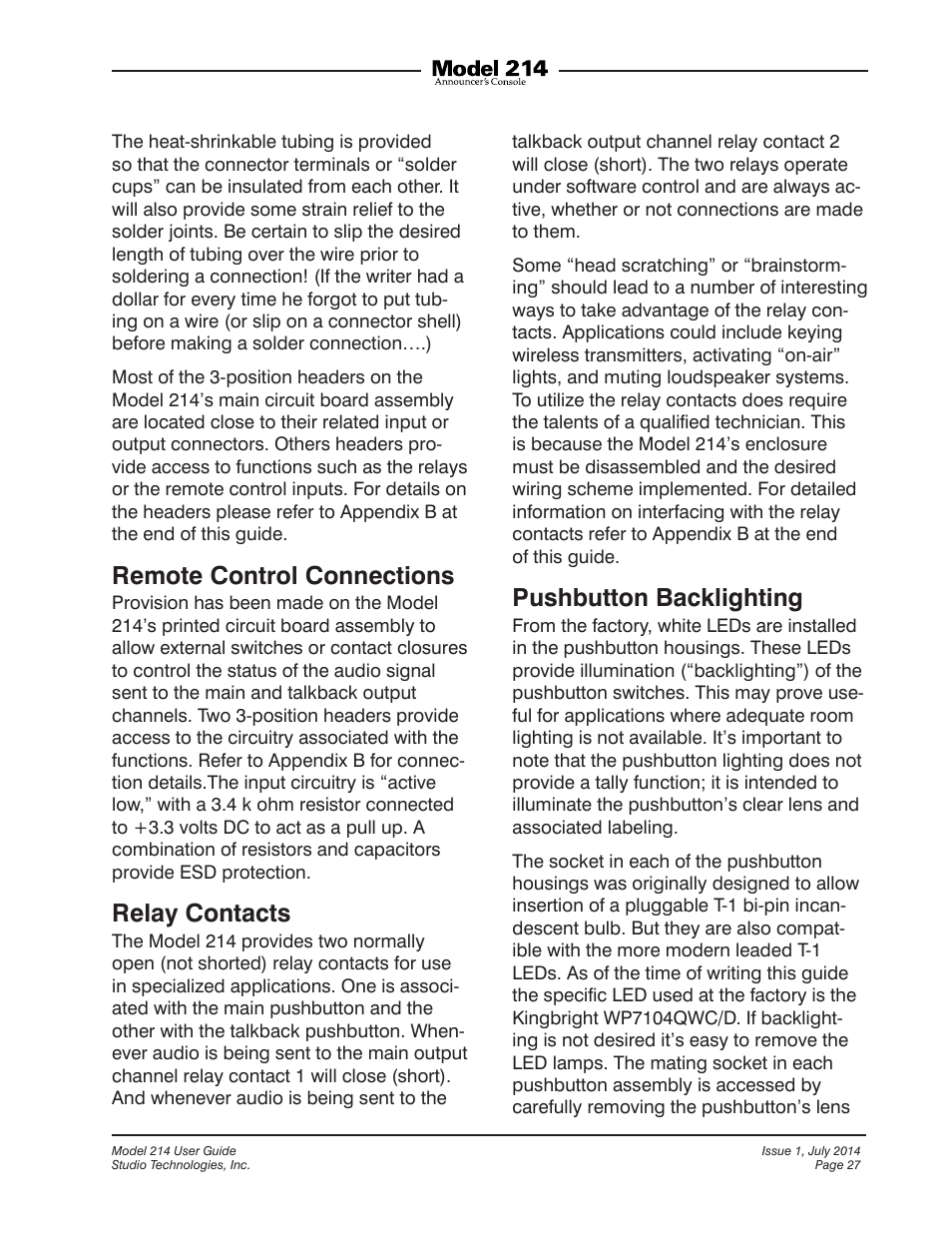 Remote control connections, Relay contacts, Pushbutton backlighting | Studio Technologies 214 User Manual | Page 27 / 33