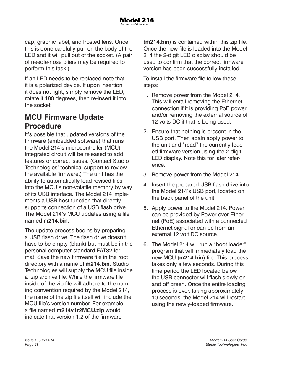 Mcu firmware update procedure | Studio Technologies 214 User Manual | Page 28 / 33