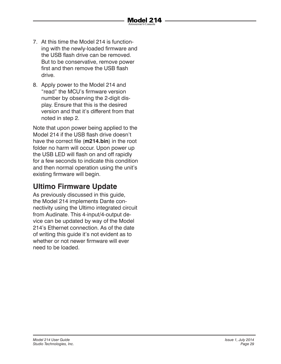 Ultimo firmware update | Studio Technologies 214 User Manual | Page 29 / 33