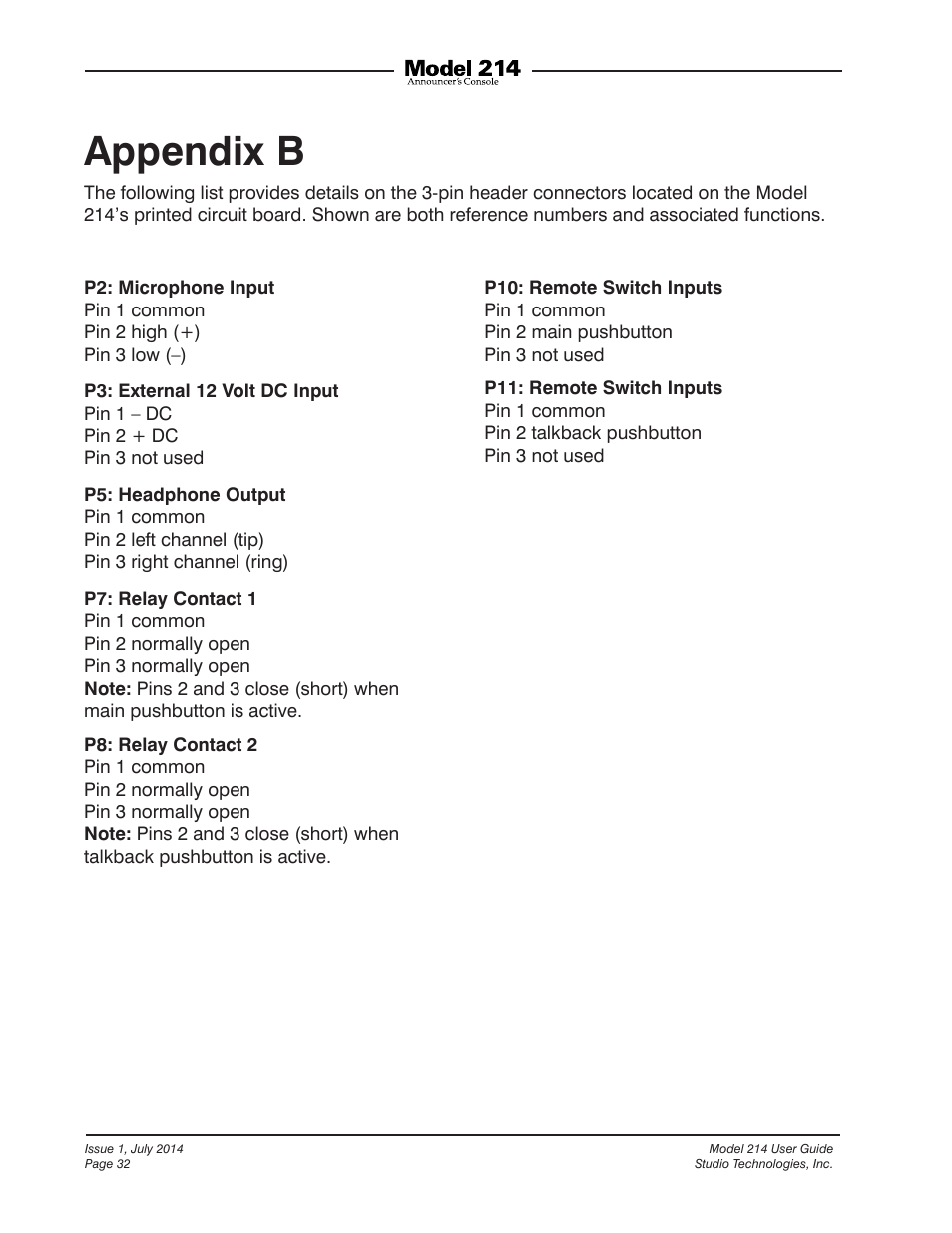 Appendix b | Studio Technologies 214 User Manual | Page 32 / 33