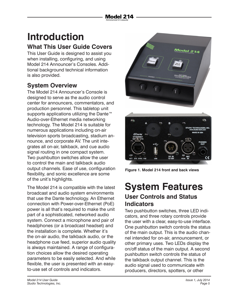 Introduction, System features, Introduction system features | What this user guide covers, System overview, User controls and status indicators | Studio Technologies 214 User Manual | Page 5 / 33
