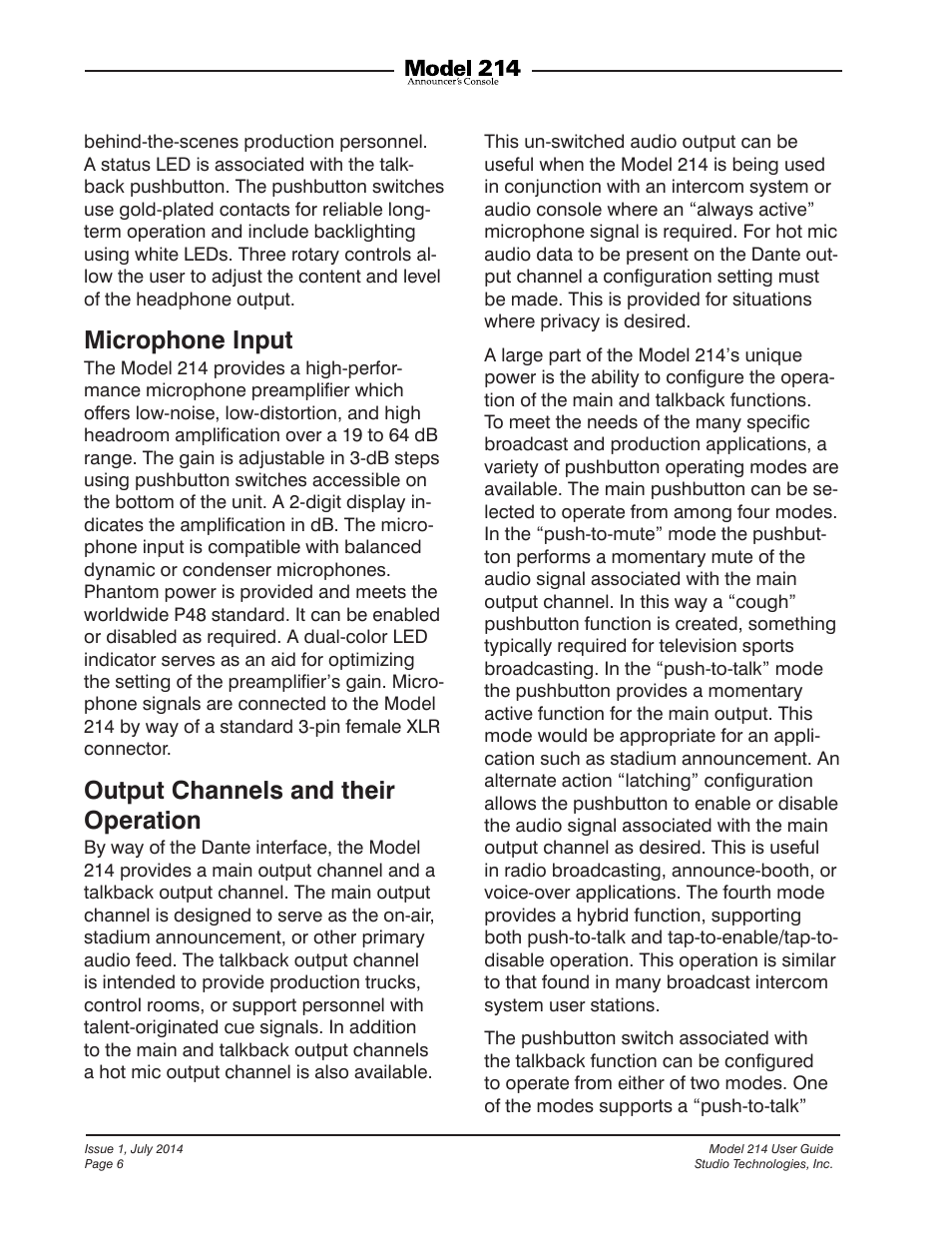 Microphone input, Output channels and their operation | Studio Technologies 214 User Manual | Page 6 / 33