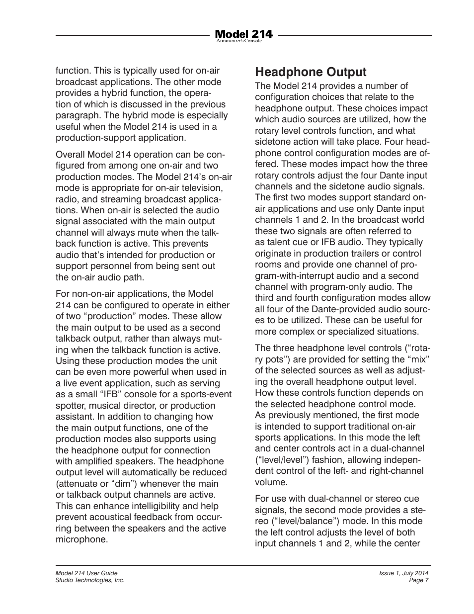 Headphone output | Studio Technologies 214 User Manual | Page 7 / 33