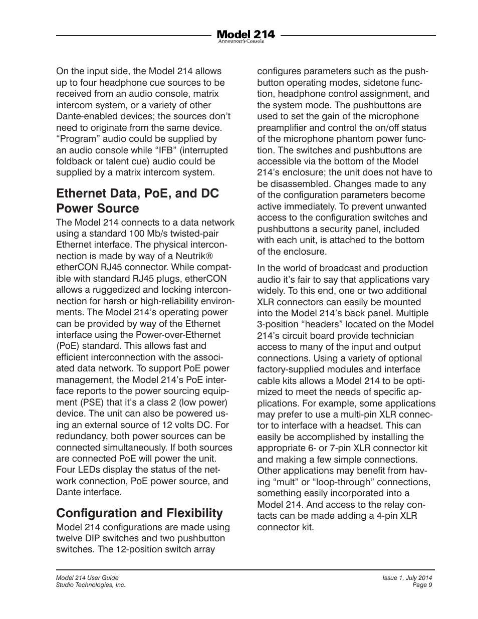 Ethernet data, poe, and dc power source, Conﬁguration and flexibility | Studio Technologies 214 User Manual | Page 9 / 33