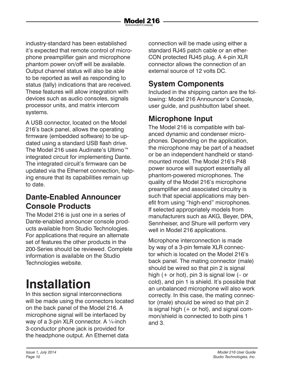 Installation, Dante-enabled announcer console products, System components | Microphone input | Studio Technologies 216 User Manual | Page 10 / 31