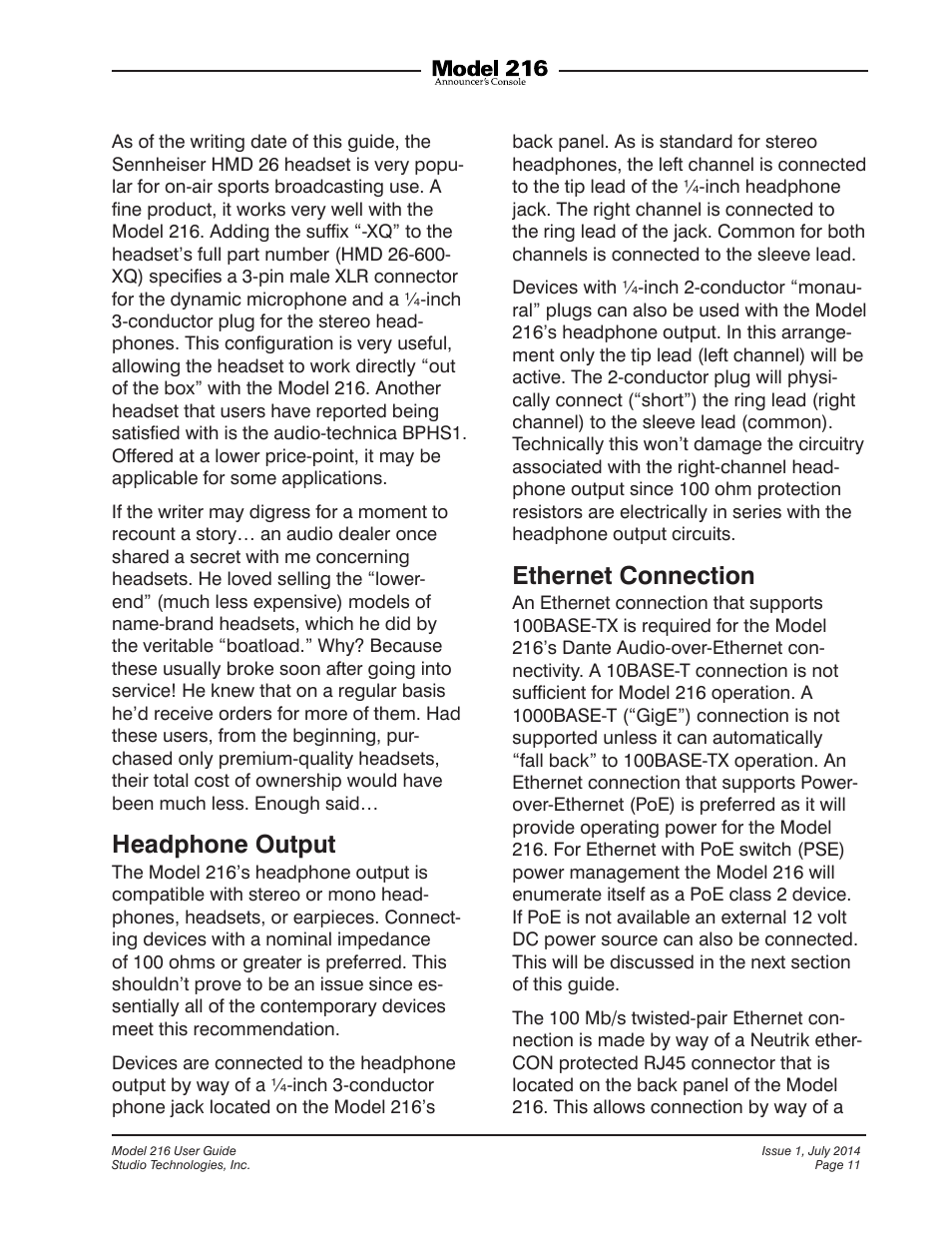 Headphone output, Ethernet connection | Studio Technologies 216 User Manual | Page 11 / 31