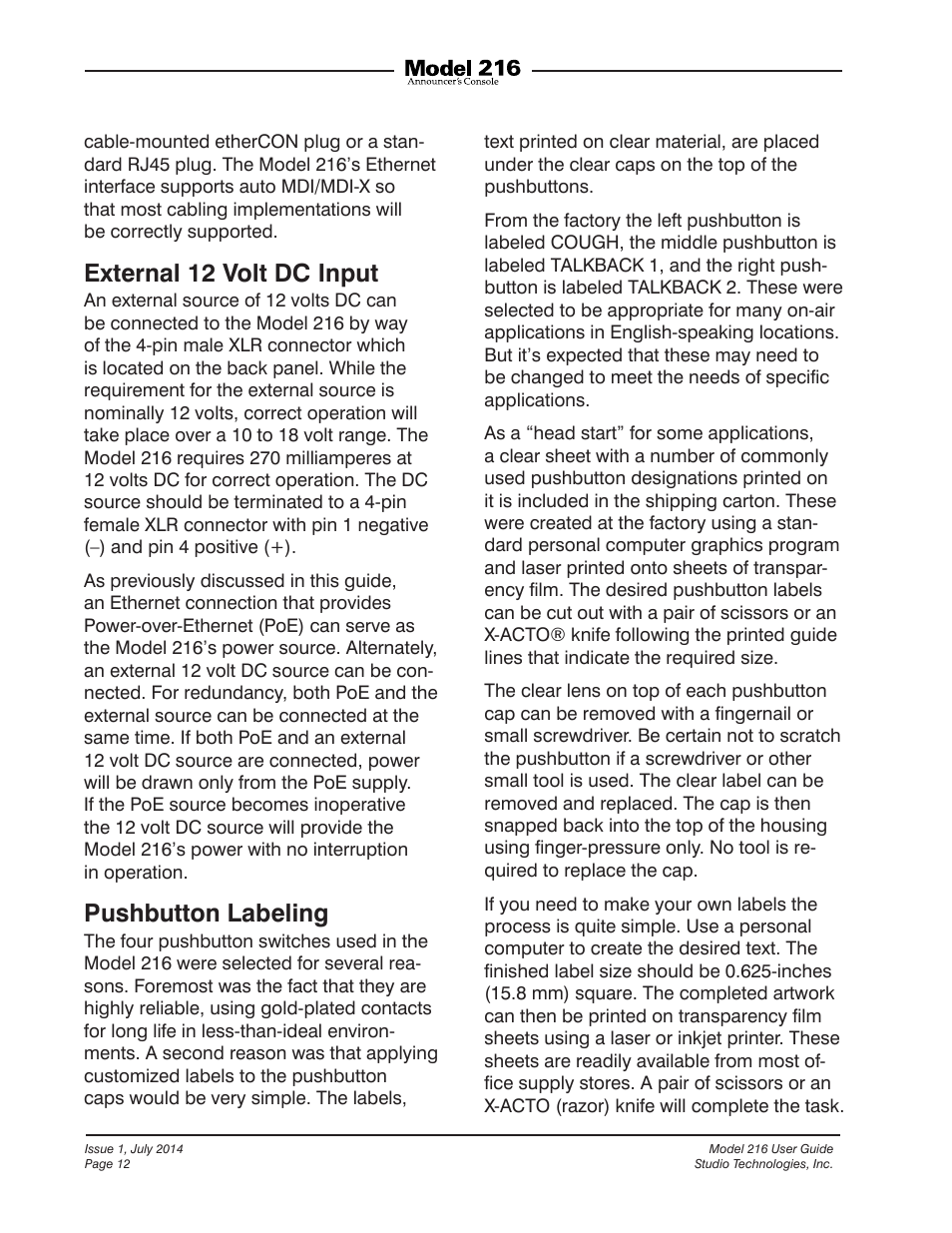 External 12 volt dc input, Pushbutton labeling | Studio Technologies 216 User Manual | Page 12 / 31