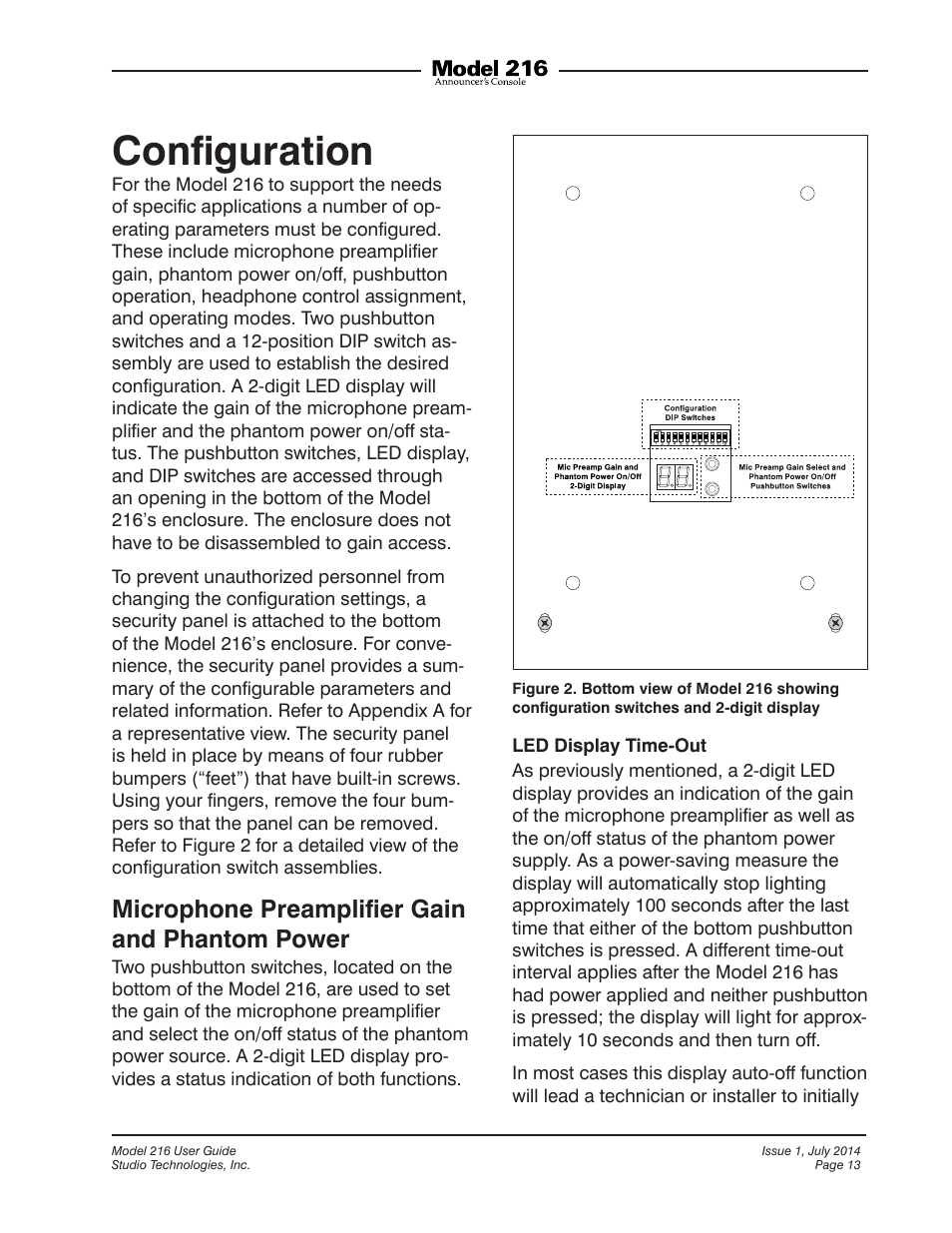 Configuration, Conﬁguration, Microphone preampliﬁer gain and phantom power | Studio Technologies 216 User Manual | Page 13 / 31