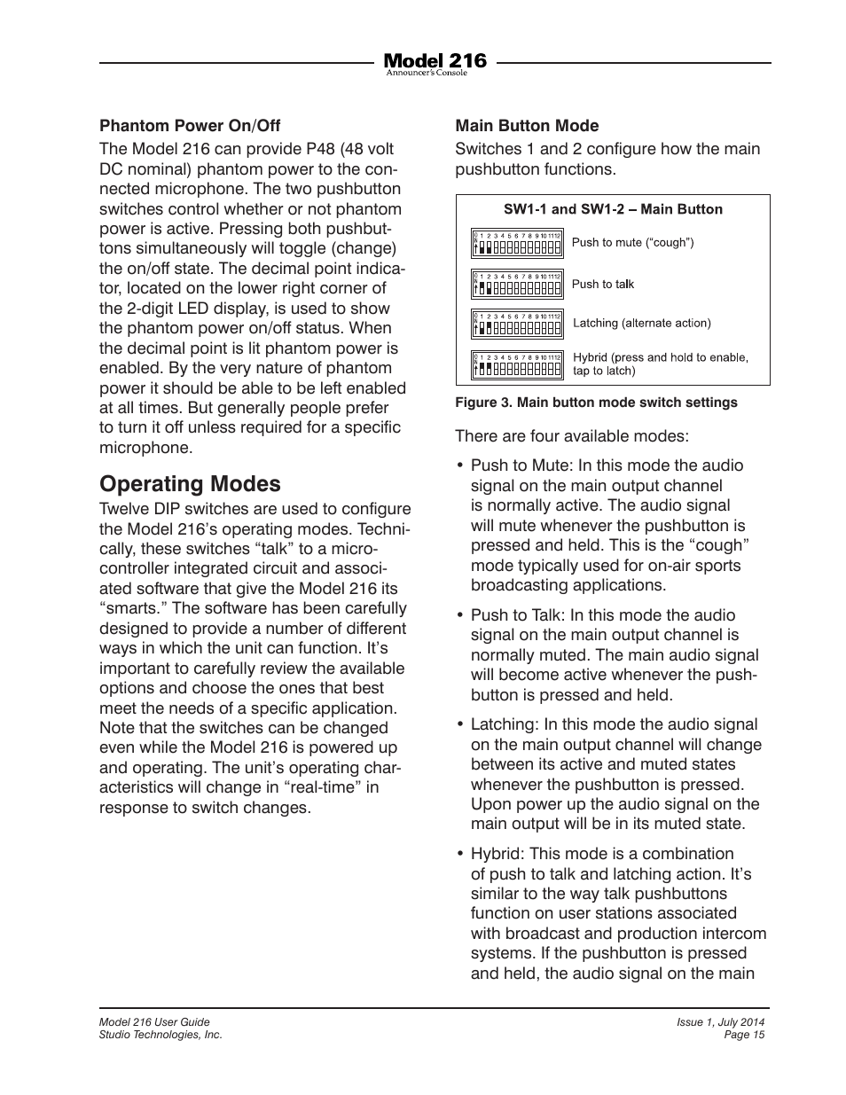 Operating modes | Studio Technologies 216 User Manual | Page 15 / 31