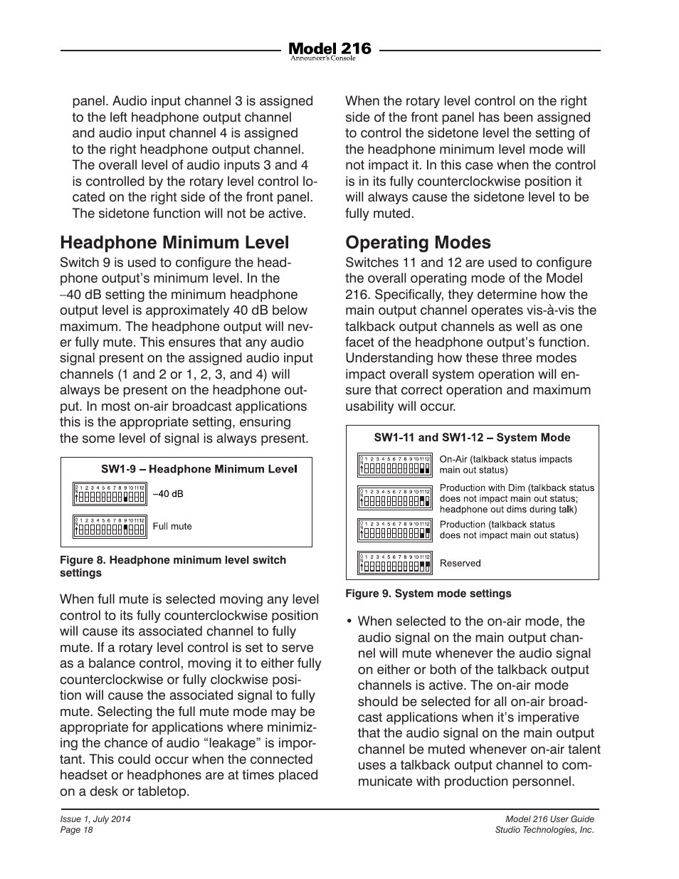 Headphone minimum level, Operating modes | Studio Technologies 216 User Manual | Page 18 / 31