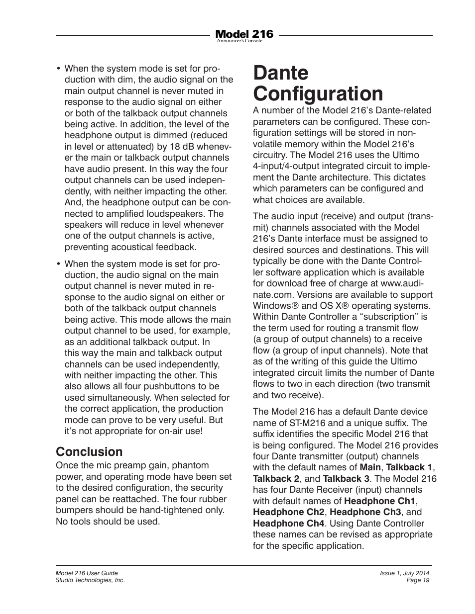 Dante configuration, Dante™ conﬁguration, Dante conﬁguration | Conclusion | Studio Technologies 216 User Manual | Page 19 / 31