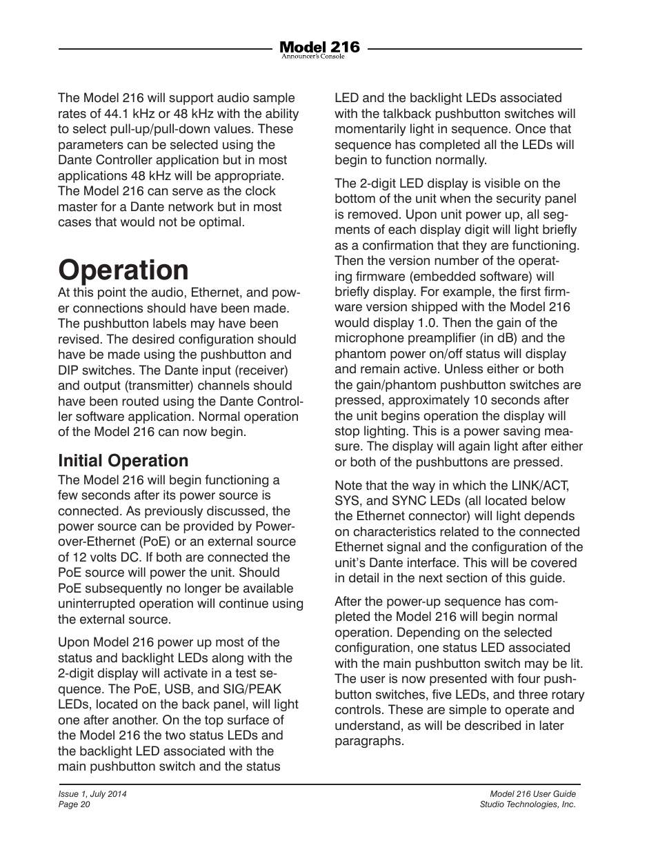 Operation, Initial operation | Studio Technologies 216 User Manual | Page 20 / 31