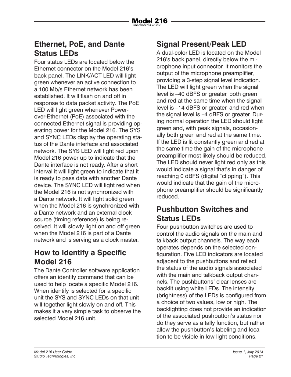 Ethernet, poe, and dante status leds, How to identify a speciﬁc model 216, Signal present/peak led | Pushbutton switches and status leds | Studio Technologies 216 User Manual | Page 21 / 31