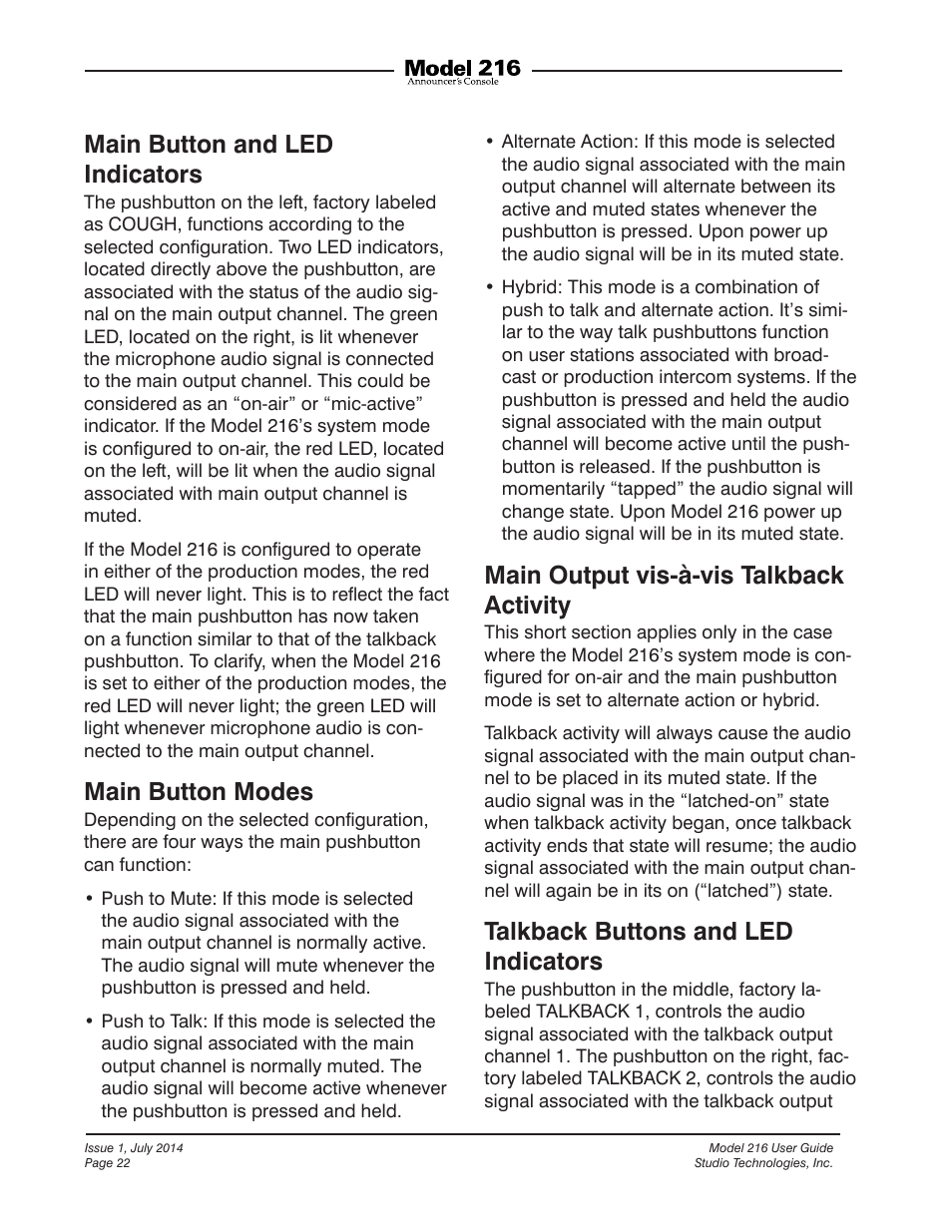 Main button and led indicators, Main button modes, Main output vis-à-vis talkback activity | Talkback buttons and led indicators | Studio Technologies 216 User Manual | Page 22 / 31