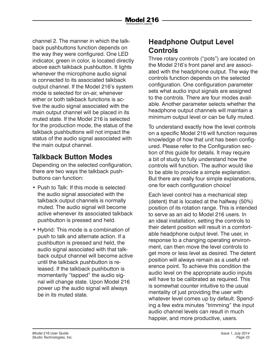 Talkback button modes, Headphone output level controls | Studio Technologies 216 User Manual | Page 23 / 31