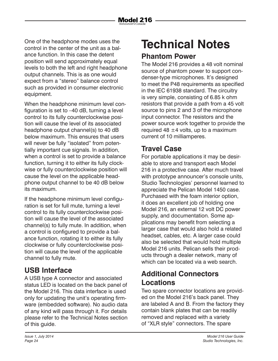 Technical notes, Usb interface, Phantom power | Travel case, Additional connectors locations | Studio Technologies 216 User Manual | Page 24 / 31