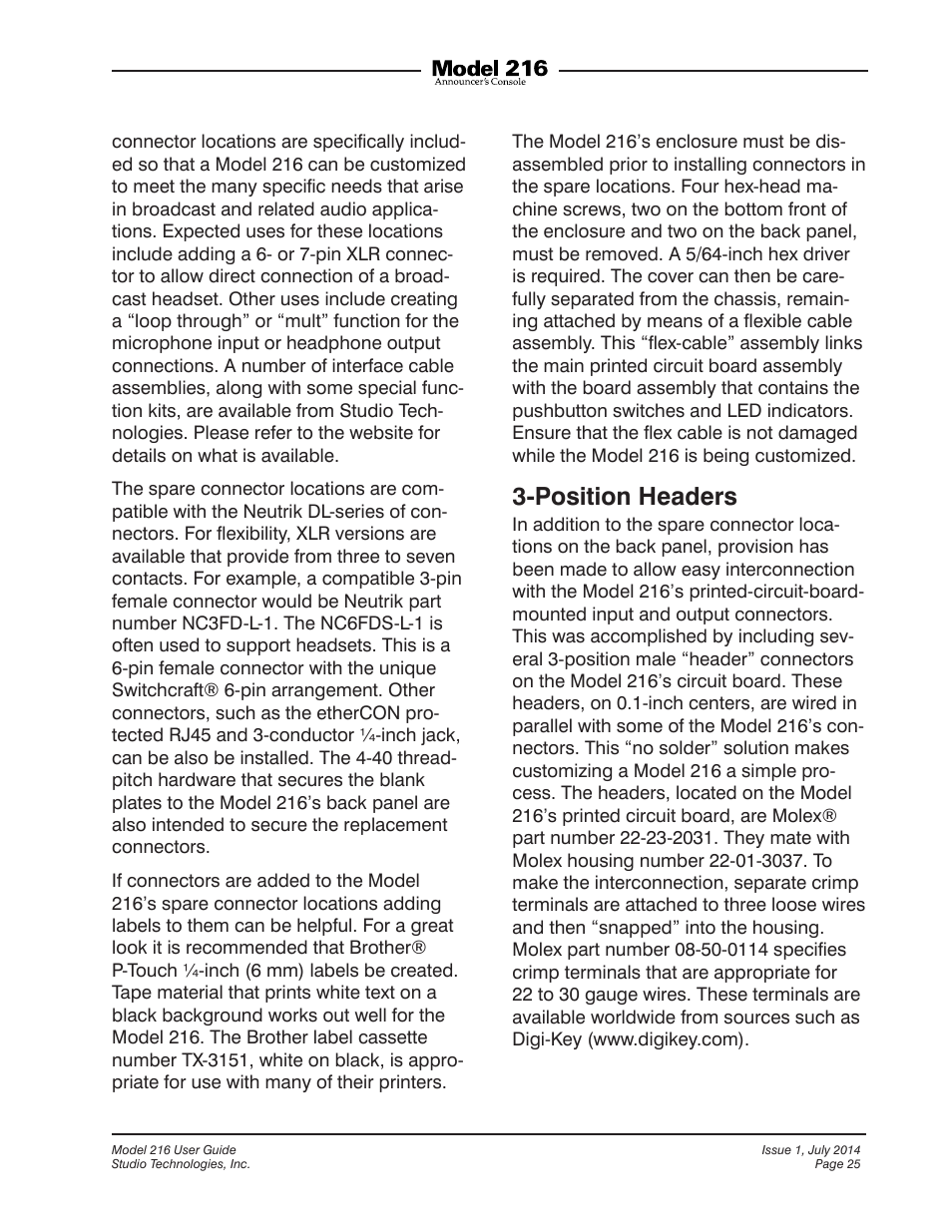Position headers | Studio Technologies 216 User Manual | Page 25 / 31