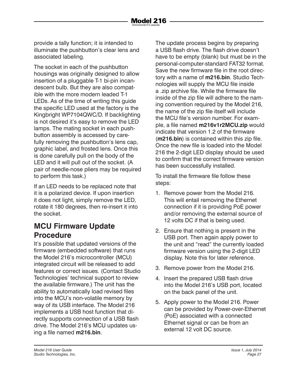 Mcu firmware update procedure | Studio Technologies 216 User Manual | Page 27 / 31