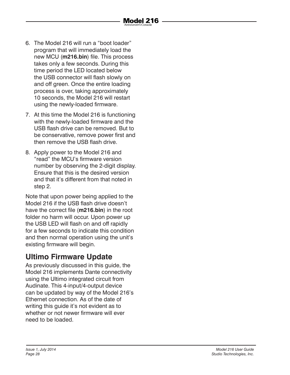 Ultimo firmware update | Studio Technologies 216 User Manual | Page 28 / 31