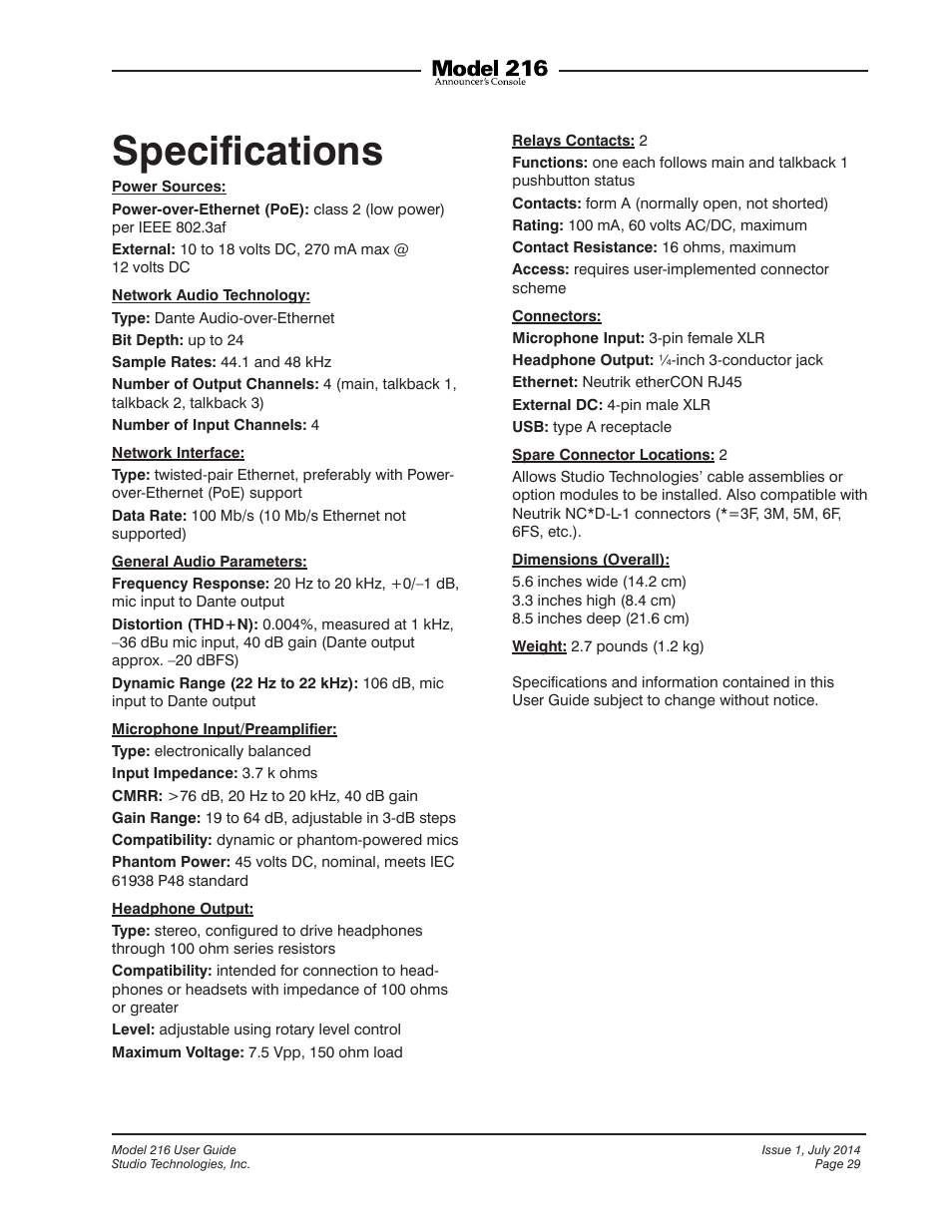 Specifications, Speciﬁcations | Studio Technologies 216 User Manual | Page 29 / 31