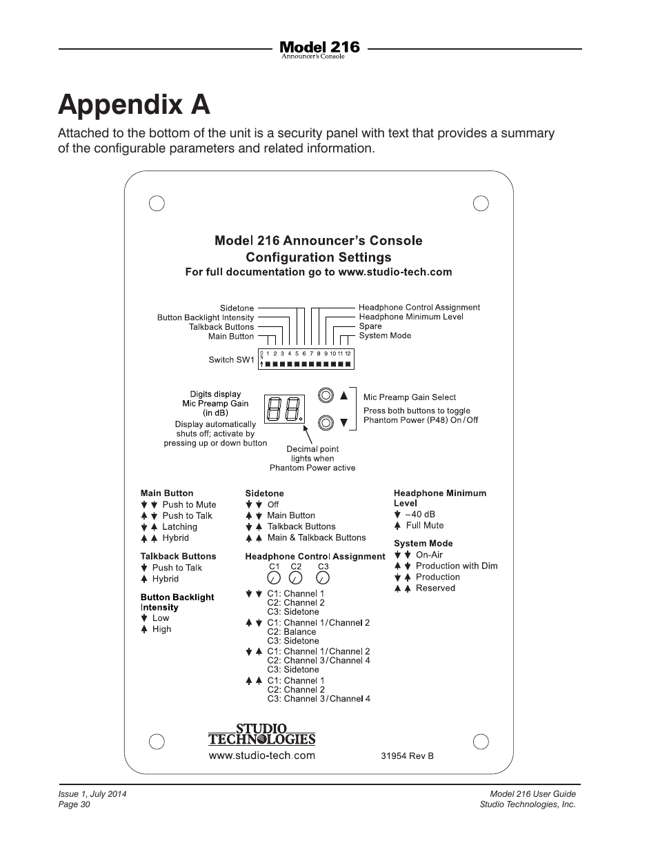Appendix a | Studio Technologies 216 User Manual | Page 30 / 31