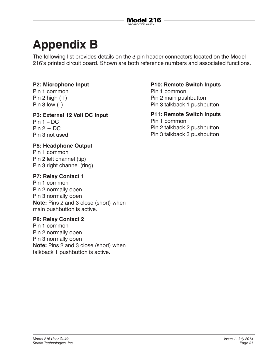 Appendix b | Studio Technologies 216 User Manual | Page 31 / 31