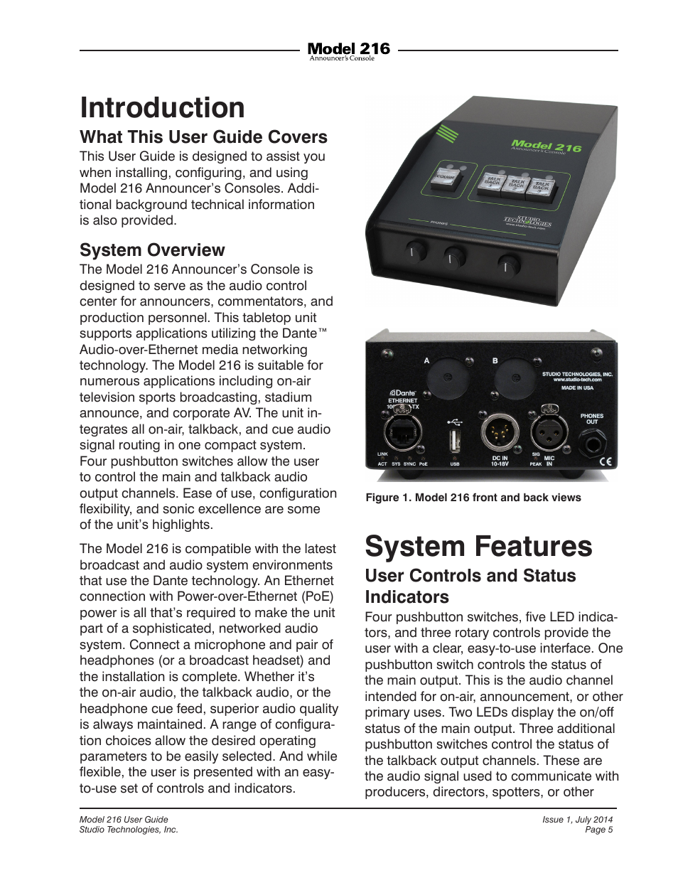 Introduction, System features, Introduction system features | What this user guide covers, System overview, User controls and status indicators | Studio Technologies 216 User Manual | Page 5 / 31