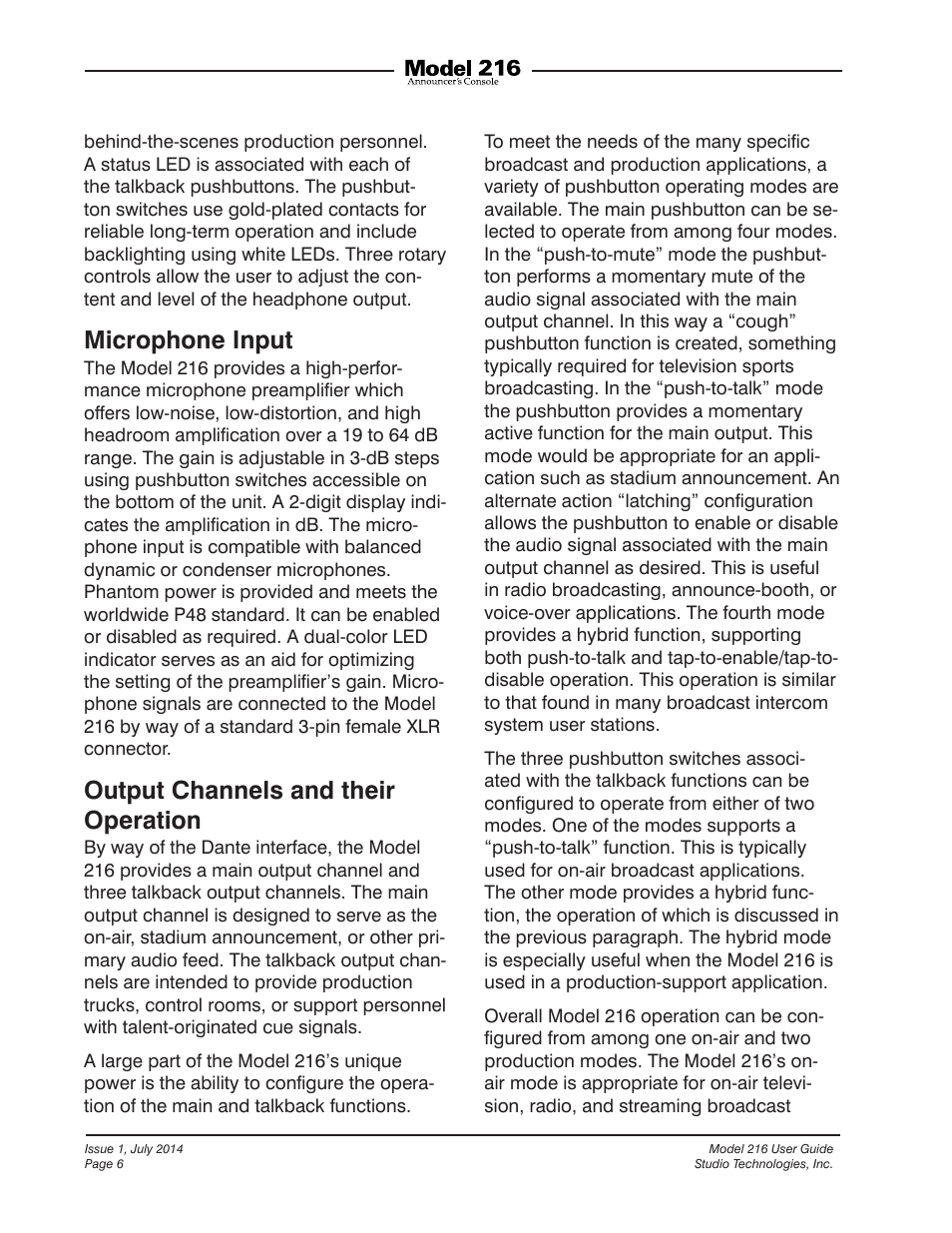 Microphone input, Output channels and their operation | Studio Technologies 216 User Manual | Page 6 / 31