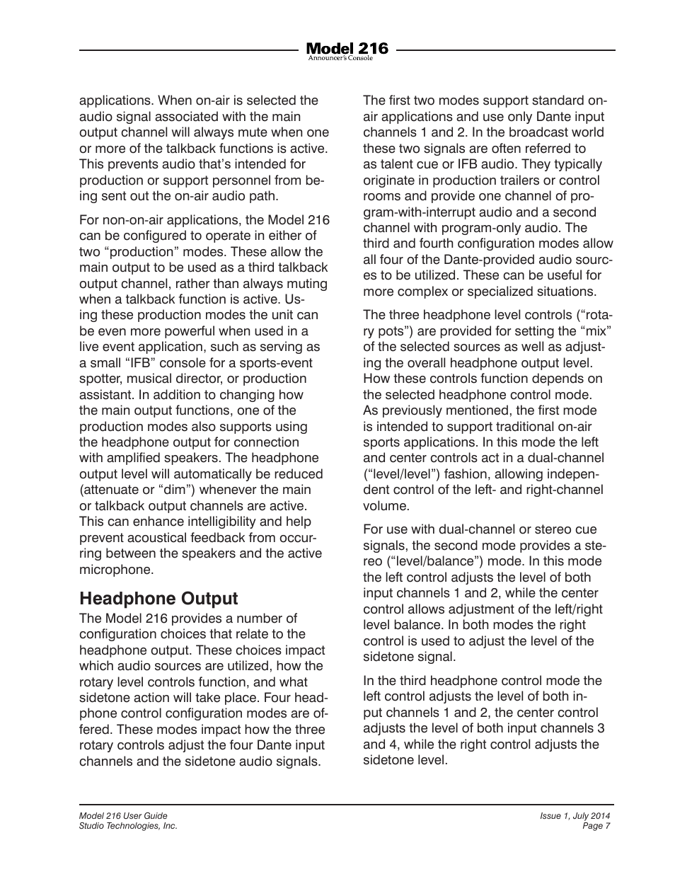 Headphone output | Studio Technologies 216 User Manual | Page 7 / 31