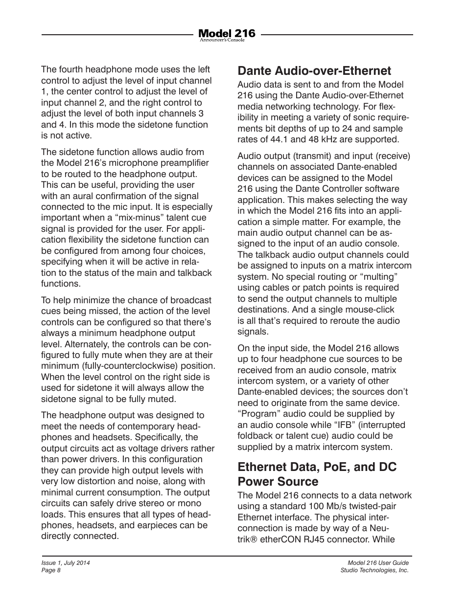Dante audio-over-ethernet, Ethernet data, poe, and dc power source | Studio Technologies 216 User Manual | Page 8 / 31